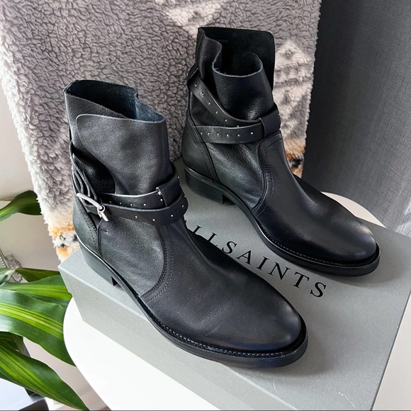 All Saints Shoes - AllSaints Carla Black Leather Buckle Pull On Ankle Boots Women’s Size EU 41